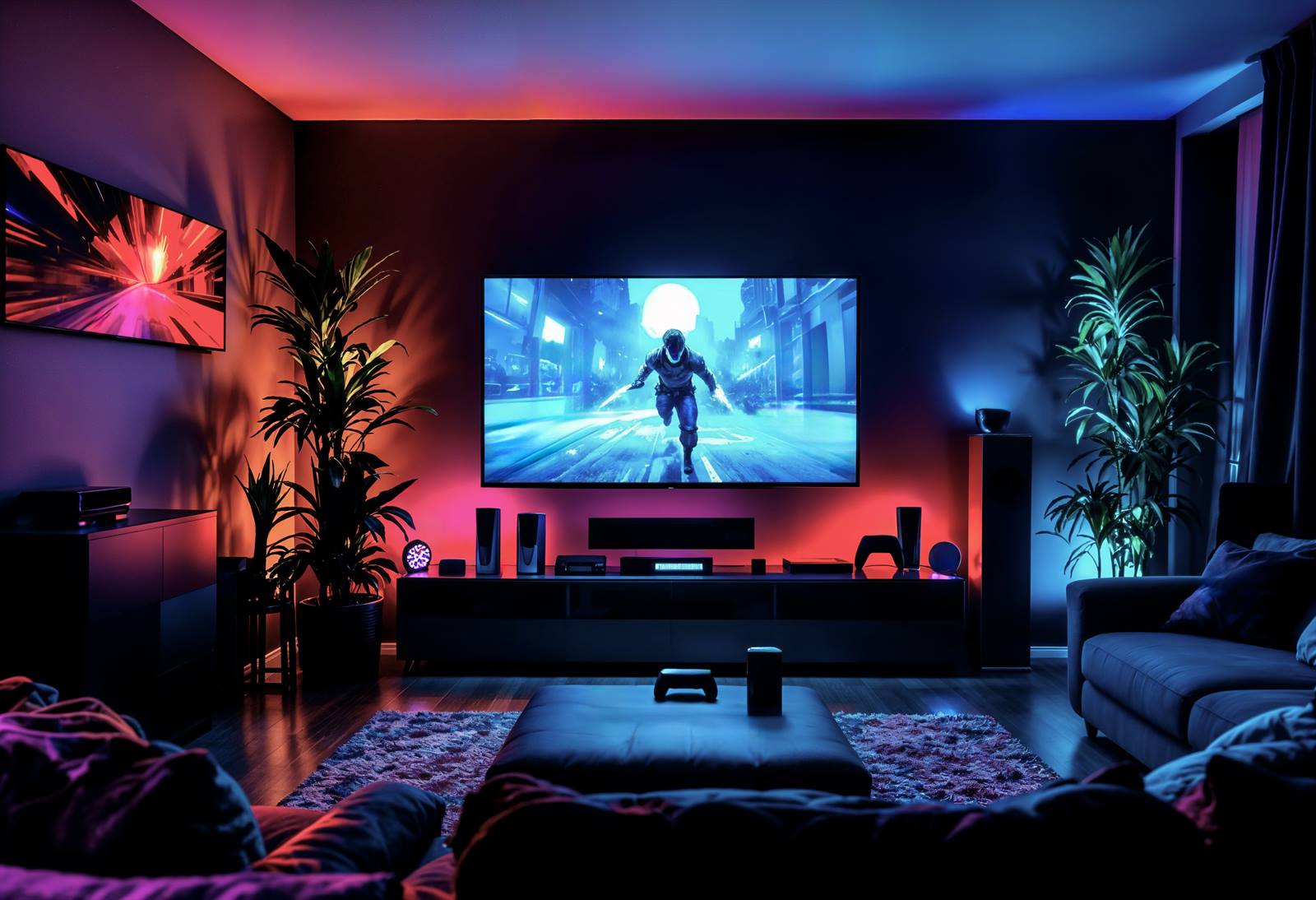 A darkened living room lit in red and blue, with a large 4K television playing a film.