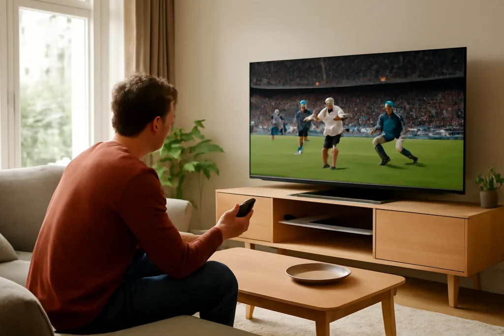 Person in a European living room setting up a TV to stream live sport.
