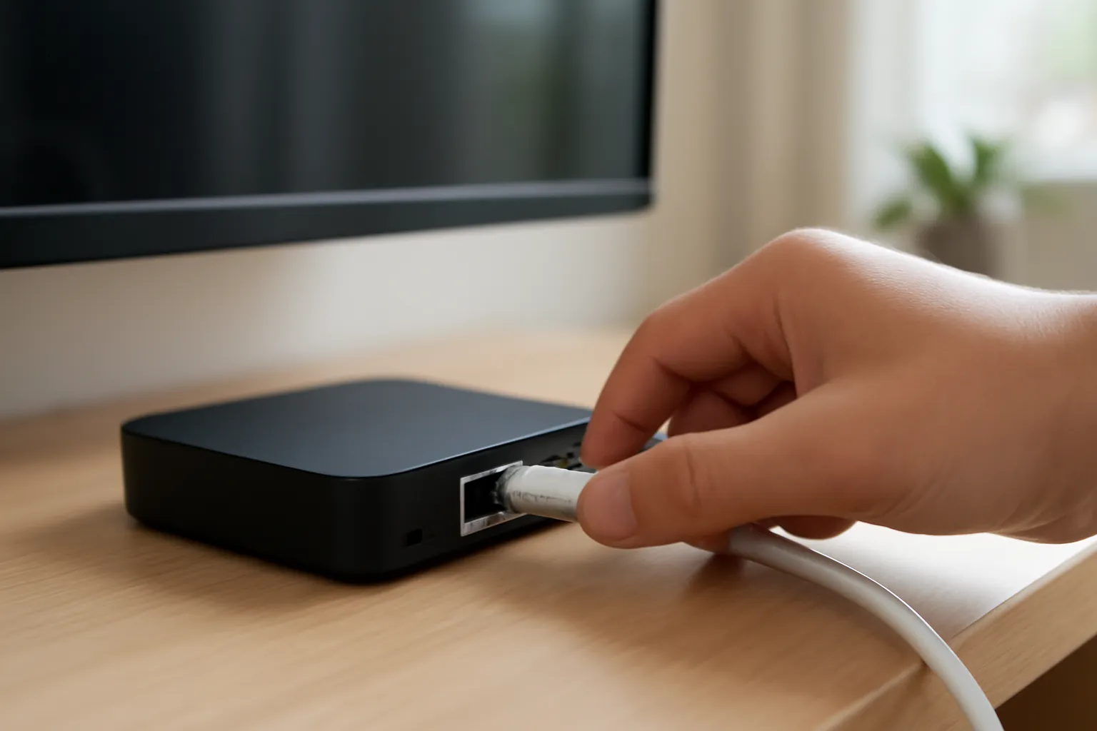 Close-up of Ethernet cable being plugged into a streaming device by a TV.
