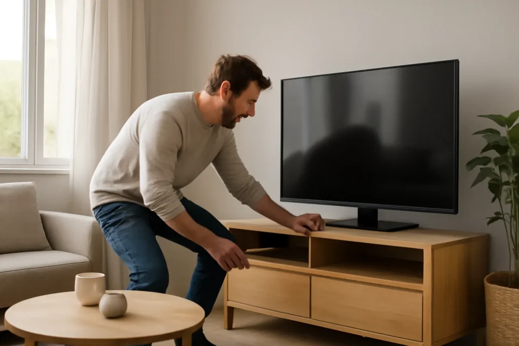 Person adjusting a streaming device in a modern European living room